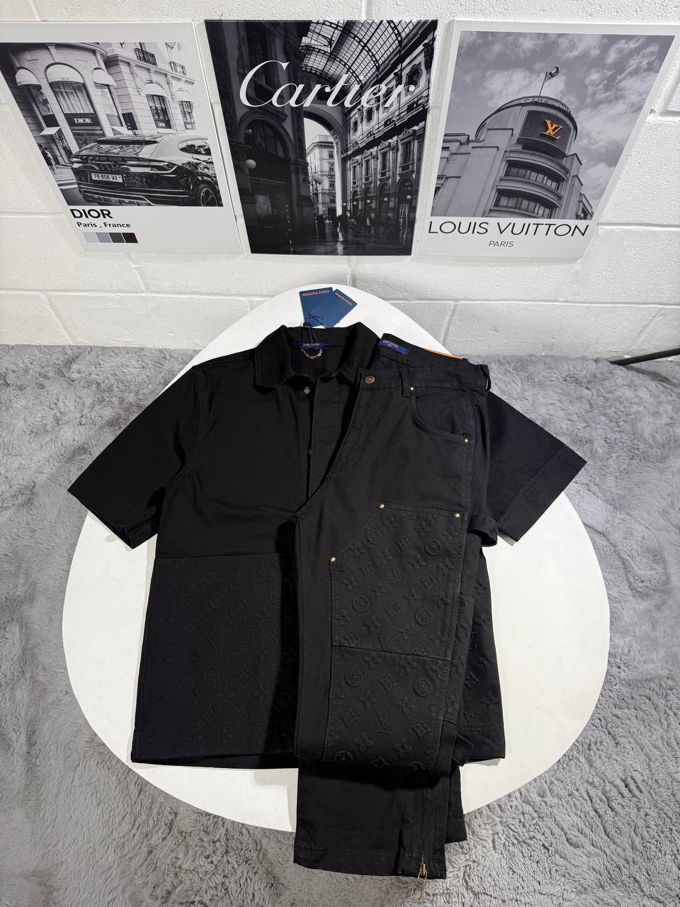 Louis Vuitton Short Sleeve Denim Brand Logo Tracksuit Men's in Black Color Reps Sale UK Best Quality AAA Replica