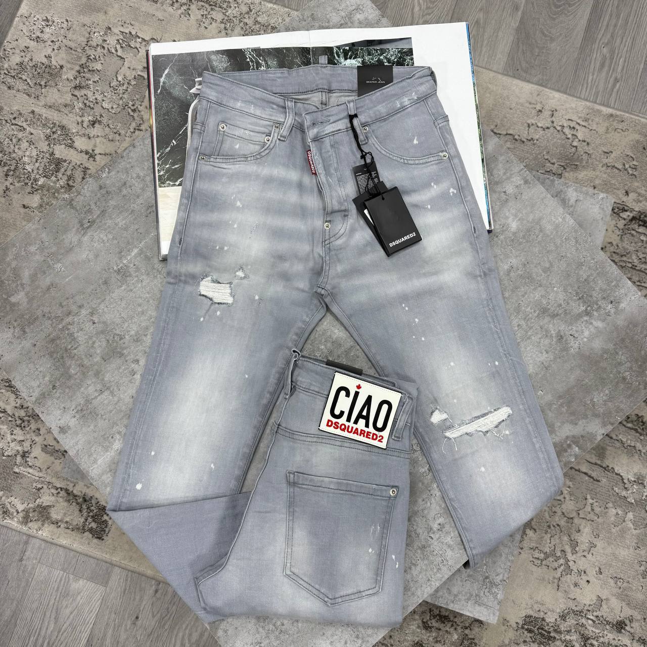 Dsquared2 "Ciao" Edition Slim Fit Distressed Light Grey Jeans in Multiple Waist Sizes Reps Sale UK Best Quality AAA Replica
