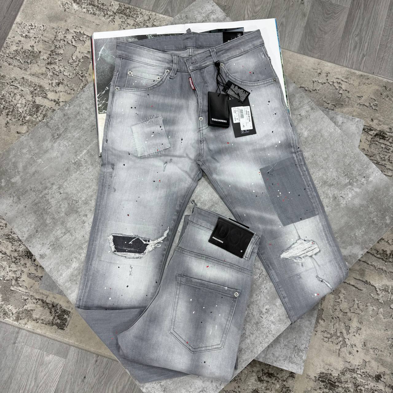Dsquared2 Patched Denim Slim Fit Distressed Light Grey Jeans in Multiple Waist Sizes Reps Sale UK Best Quality AAA Replica
