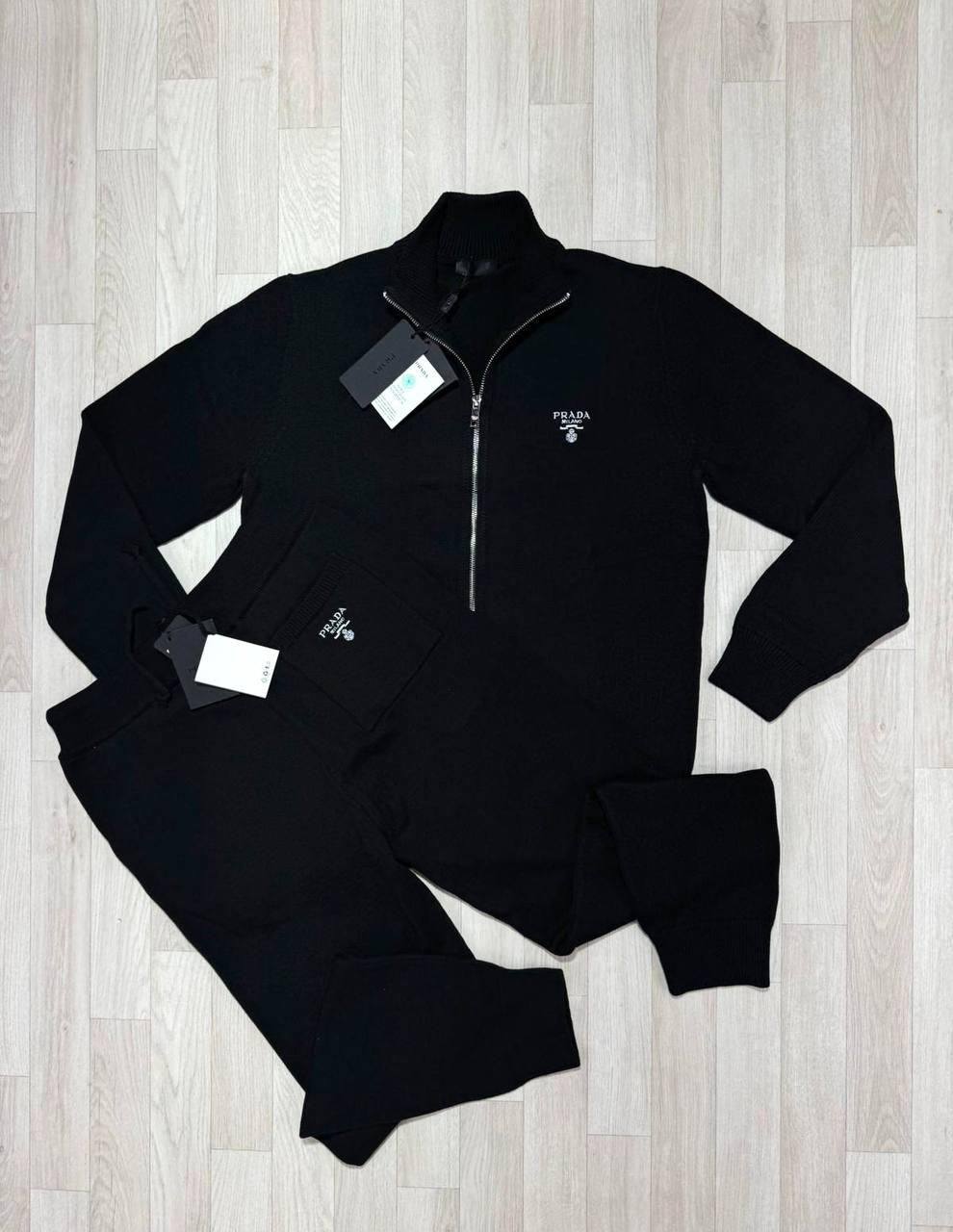Prada Knitted Cashere  Zip-Up Tracksuit Men's in Black Reps UK Best Quality AAA Replica