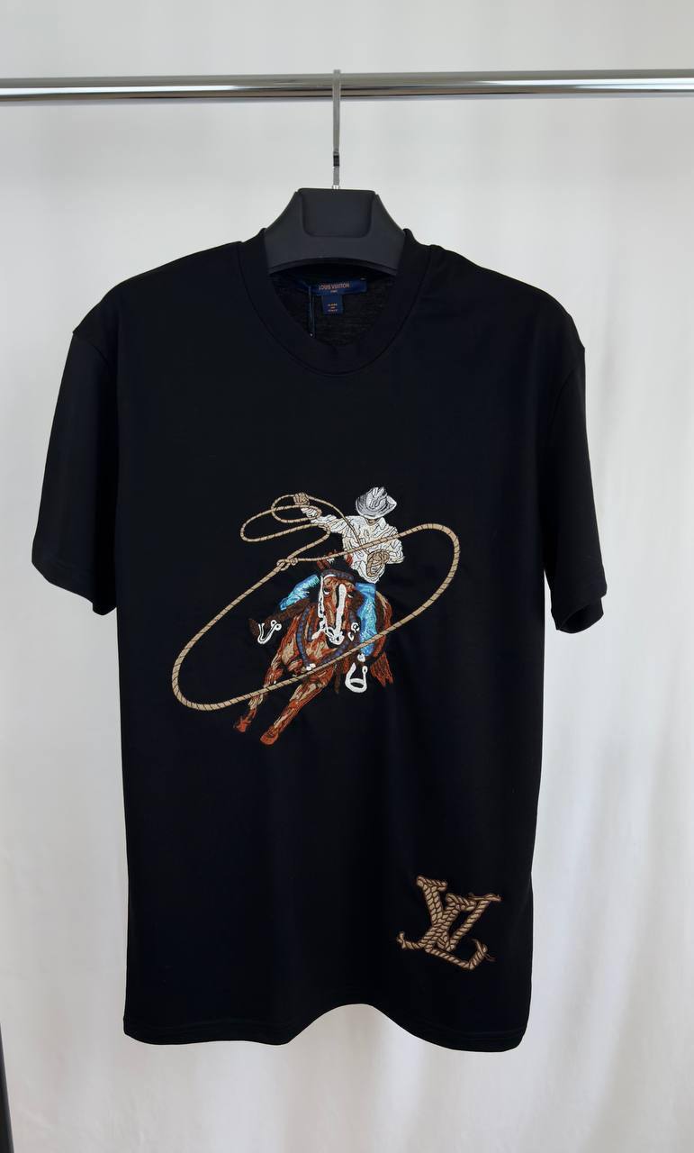 Louis Vuitton Graphic Cowboy Motif Embroidered Cotton T-Shirt in 2 Colors Men's Women's Reps UK Best Quality Replica
