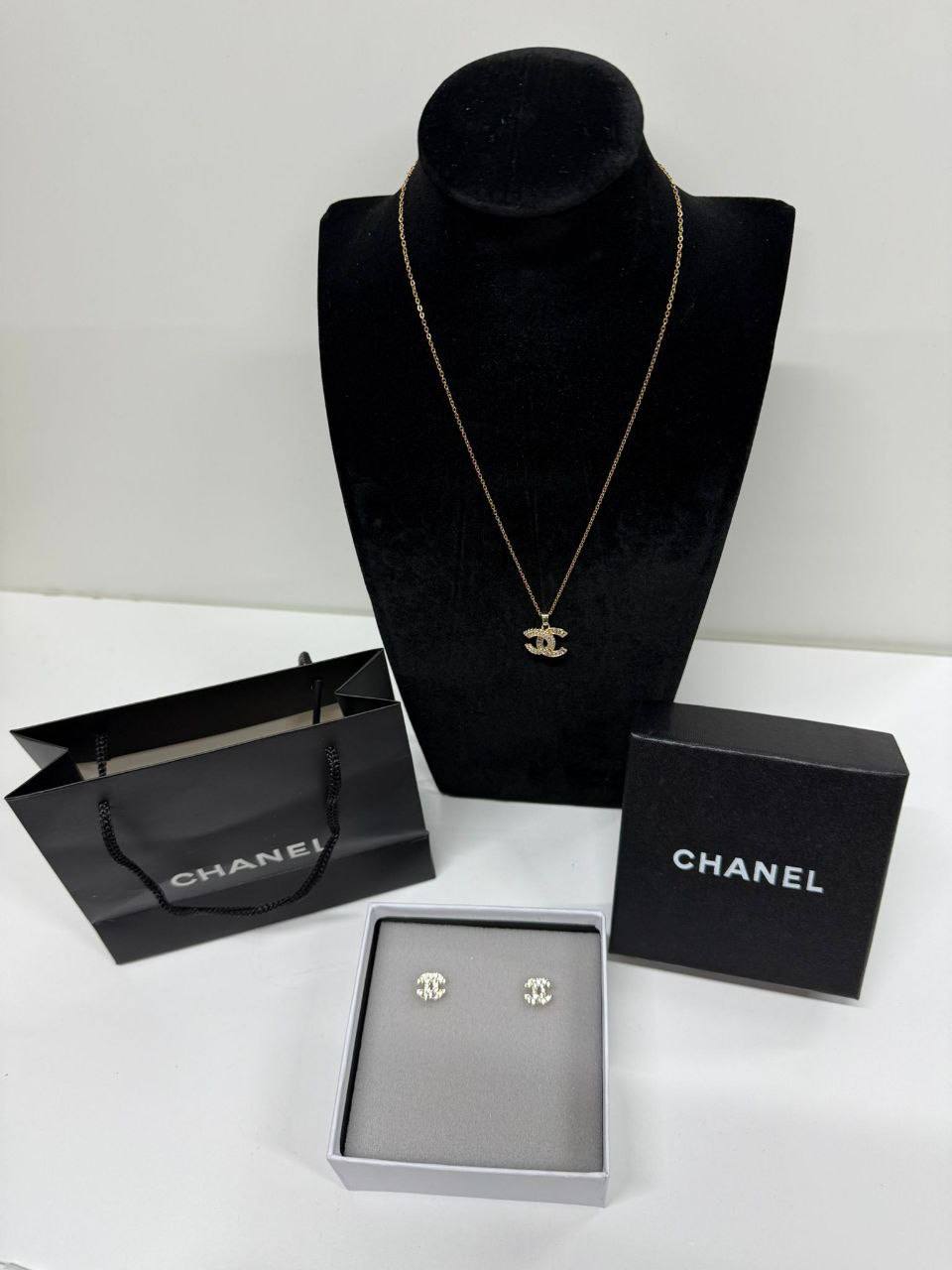 Chanel Classic CC Crystal Necklace & Stud Earrings Silver Women's Reps Sale UK Best Quality AAA Replica