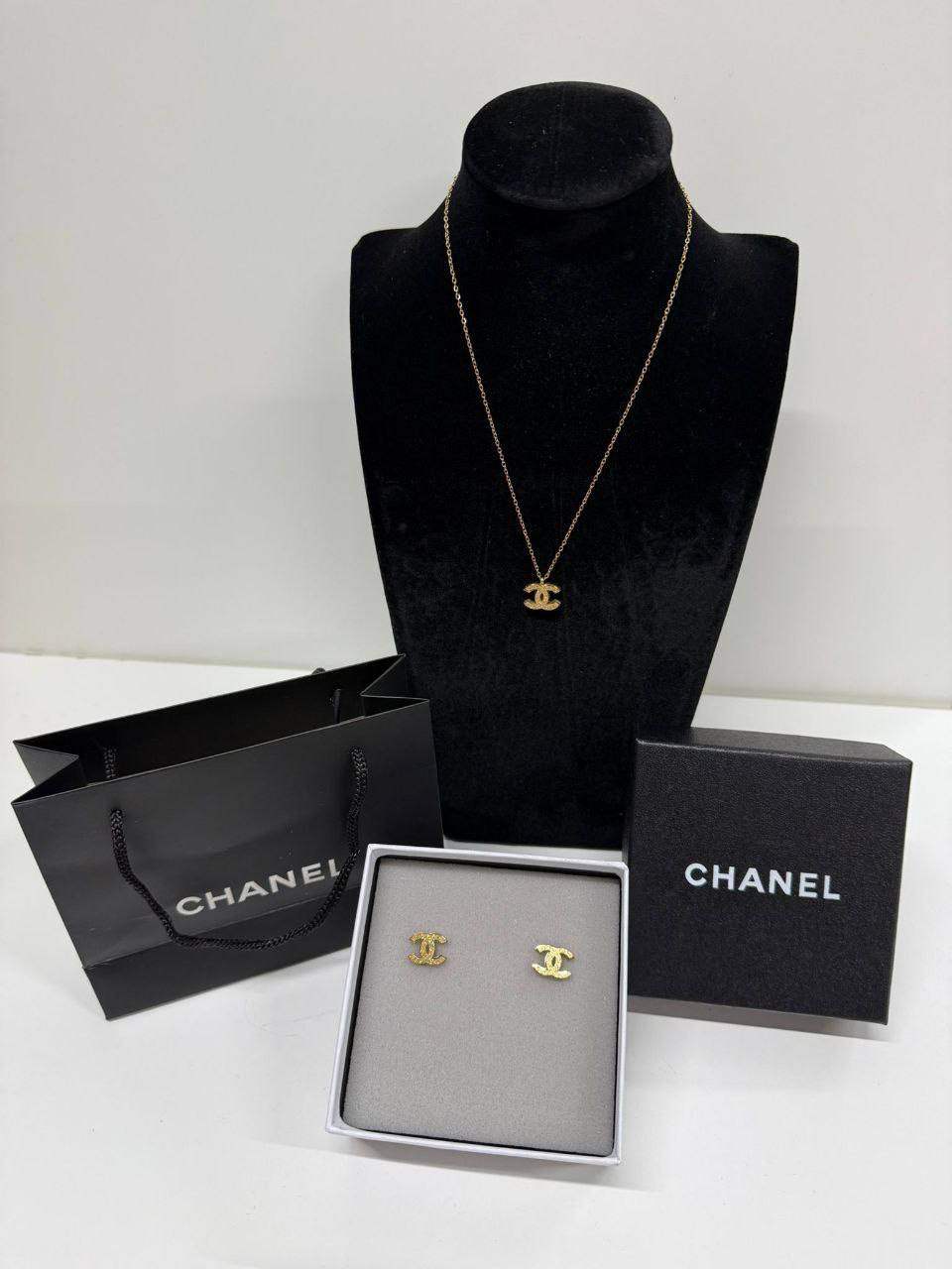 Chanel Classic CC Crystal Necklace & Stud Earrings Golden Women's Reps Sale UK Best Quality AAA Replica