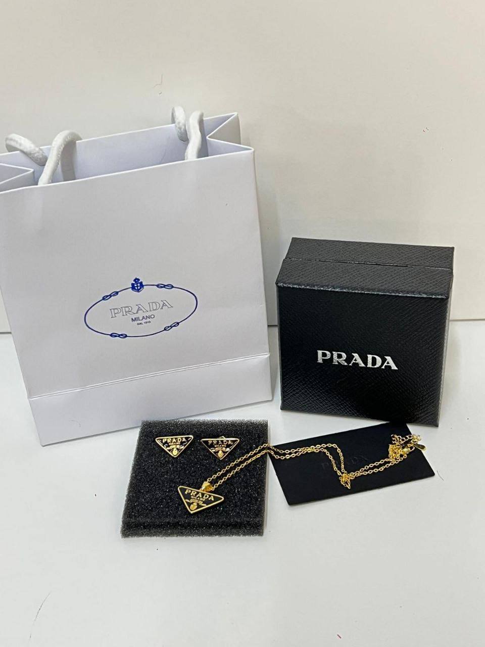 Prada Enameled Metal Triangle Logo Necklace & Earrings Black/Gold Women's Reps Sale UK Best Quality AAA Replica