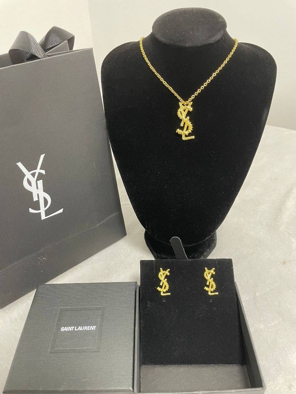 Saint Laurent YSL Logo Necklace & Earrings Set Golden Women's Reps Sale UK Best Quality AAA Replica