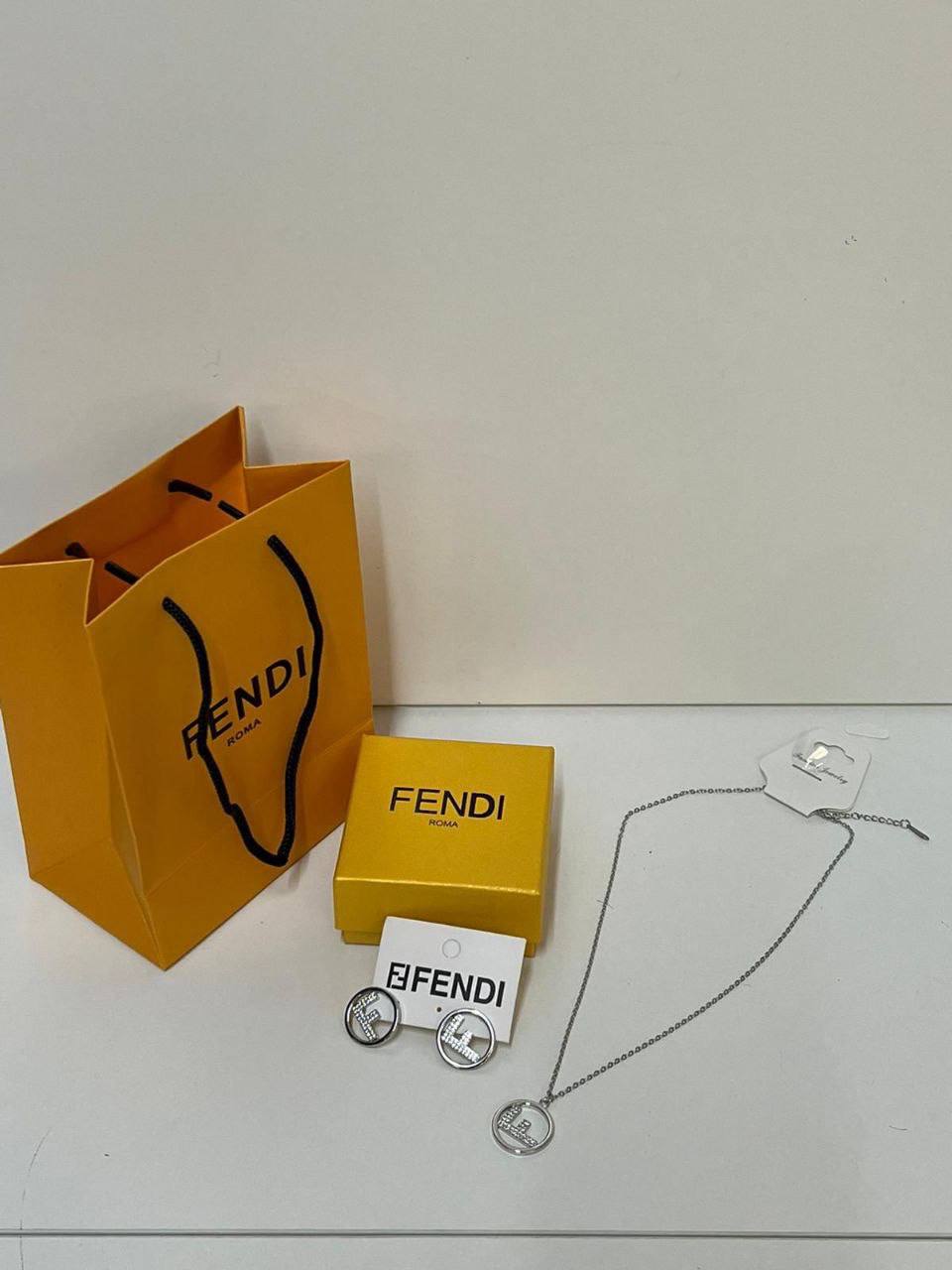Fendi FF Logo Silver-Tone Crystal Necklace & Earrings Set Women's Reps Sale UK Best Quality AAA Replica