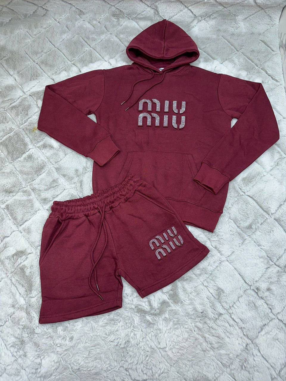 Miu Miu Loungewear Rhinestone Embellished Logo Women's Hoodie & Shorts Set Burgundy Red Reps Sale UK Best Quality AAA Replica