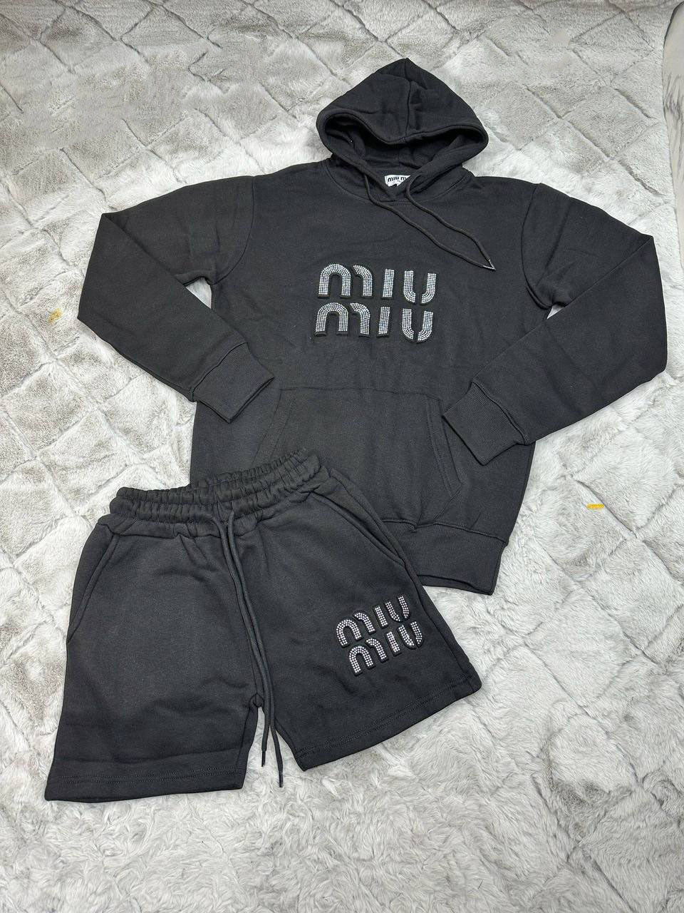 Miu Miu Loungewear Rhinestone Embellished Logo Women's Hoodie & Shorts Set Black Reps Sale UK Best Quality AAA Replica
