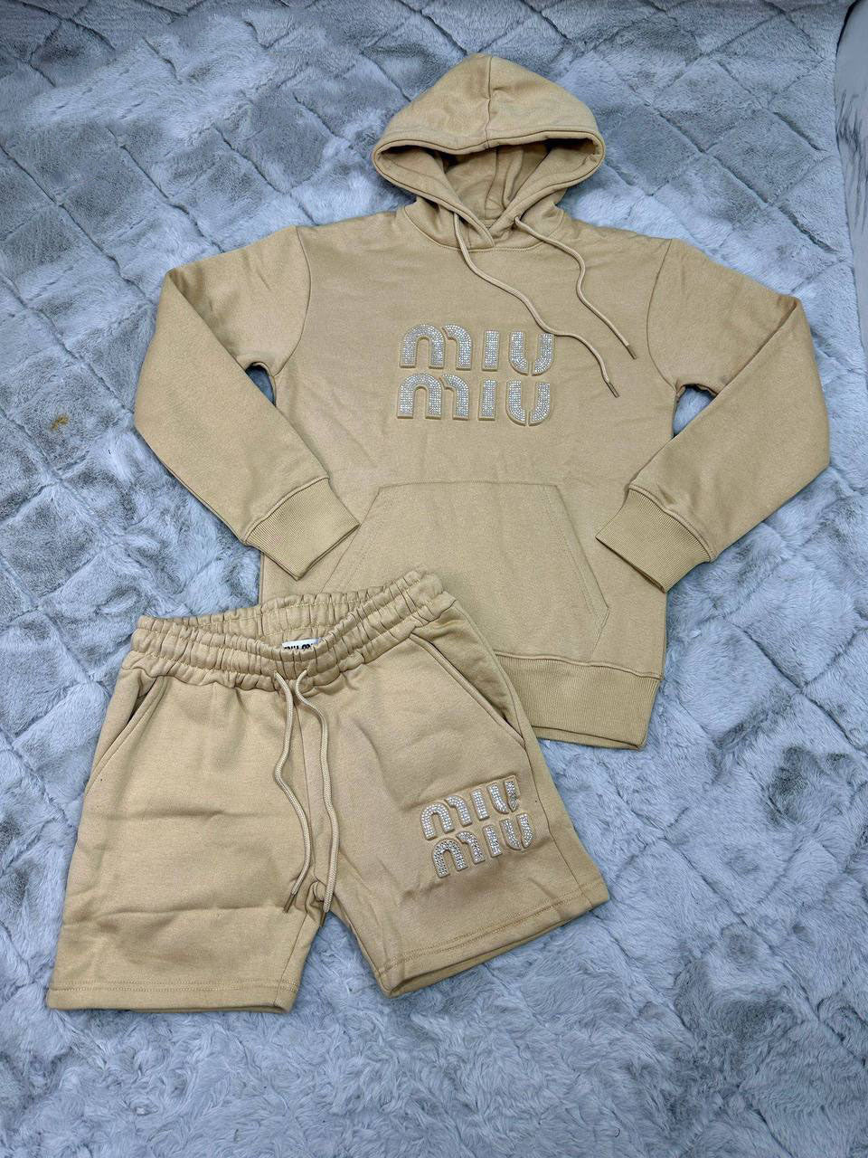 Miu Miu Loungewear Rhinestone Embellished Logo Women's Hoodie & Shorts Set Beige Reps Sale UK Best Quality AAA Replica