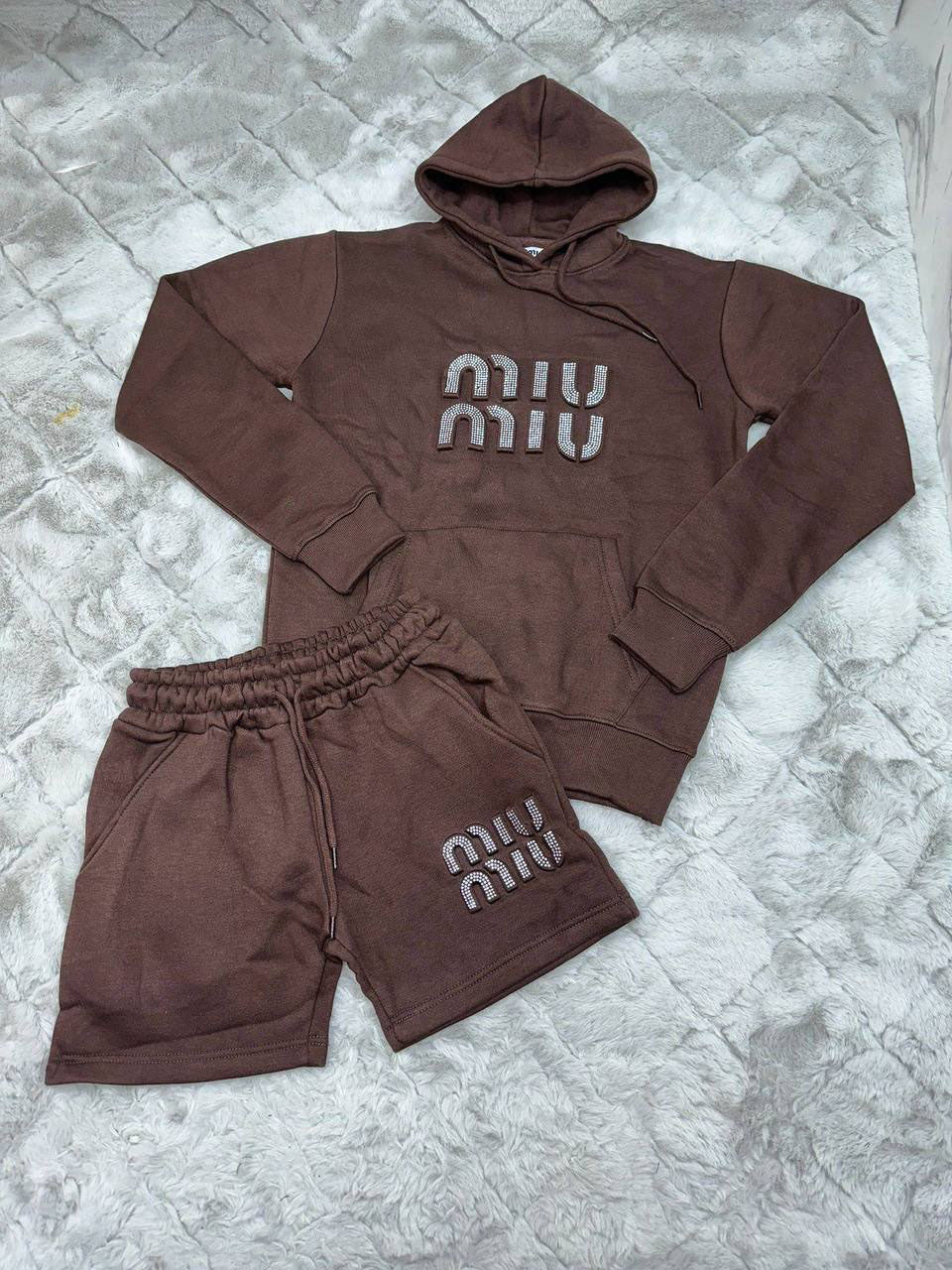 Miu Miu Loungewear Rhinestone Embellished Logo Women's Hoodie & Shorts Set Brown Reps Sale UK Best Quality AAA Replica