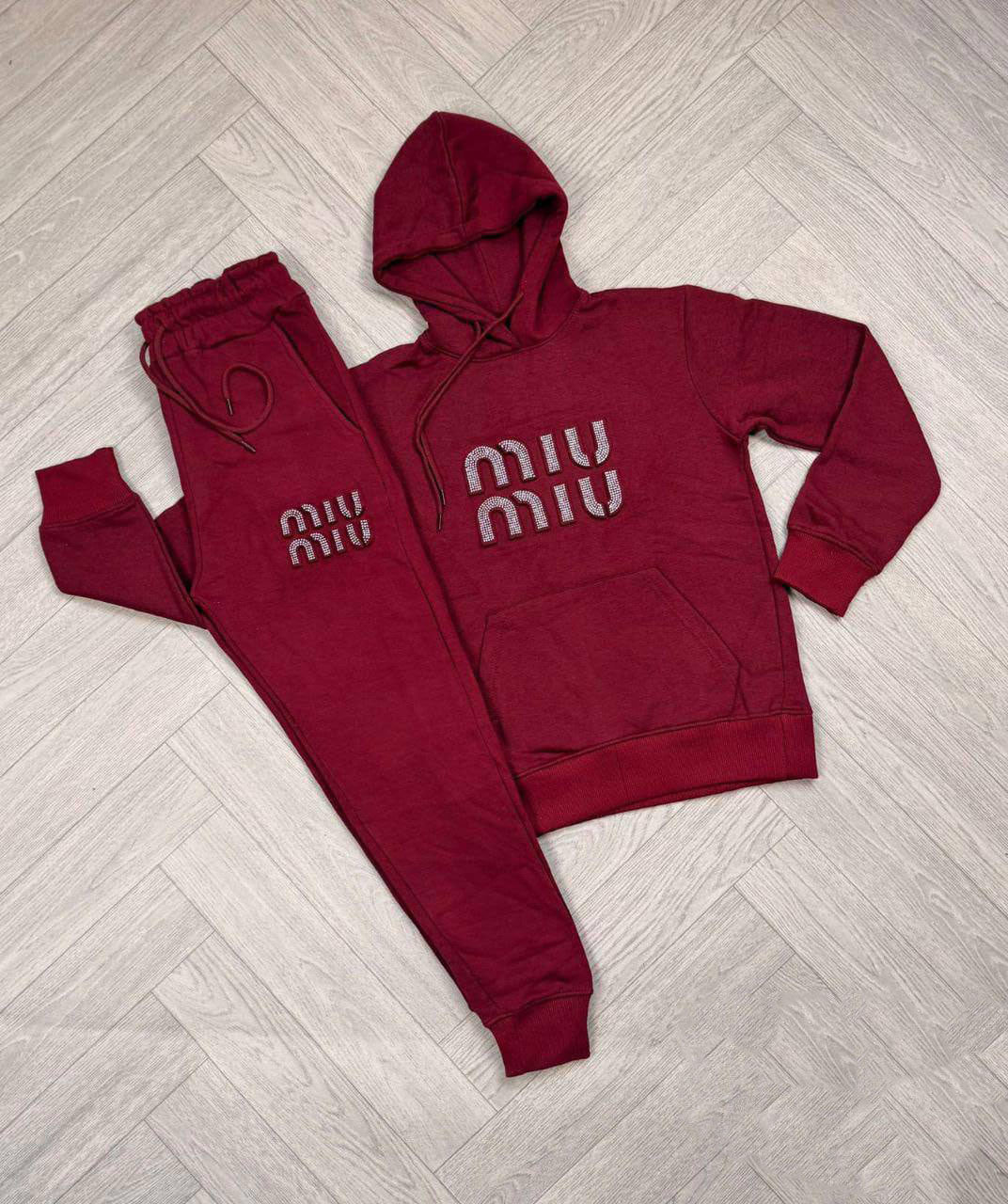 Miu Miu Embossed Logo Fleece Women's Tracksuit Burgundy Red Reps Sale UK Best Quality AAA Replica