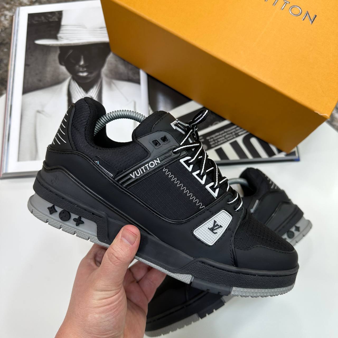 Louis Vuitton LV Men's Trainers 1AJATP Monogram Embossed in Black/Grey Reps Sale UK Best Quality AAA Replica