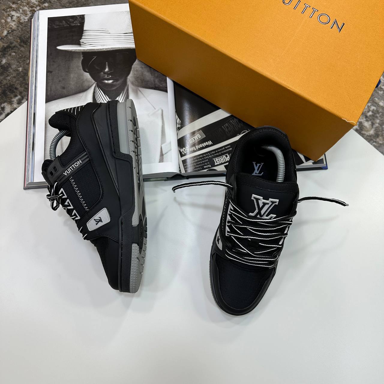 Louis Vuitton LV Men's Trainers 1AJATP Monogram Embossed in Black/Grey Reps Sale UK Best Quality AAA Replica