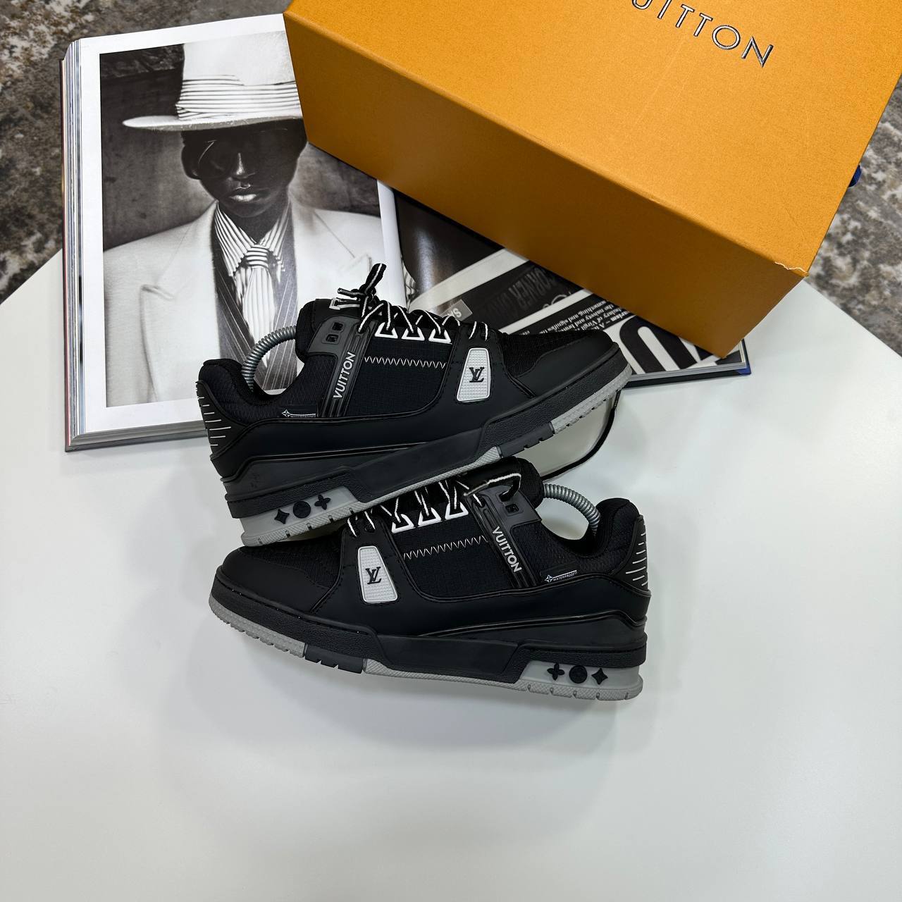 Louis Vuitton LV Men's Trainers 1AJATP Monogram Embossed in Black/Grey Reps Sale UK Best Quality AAA Replica