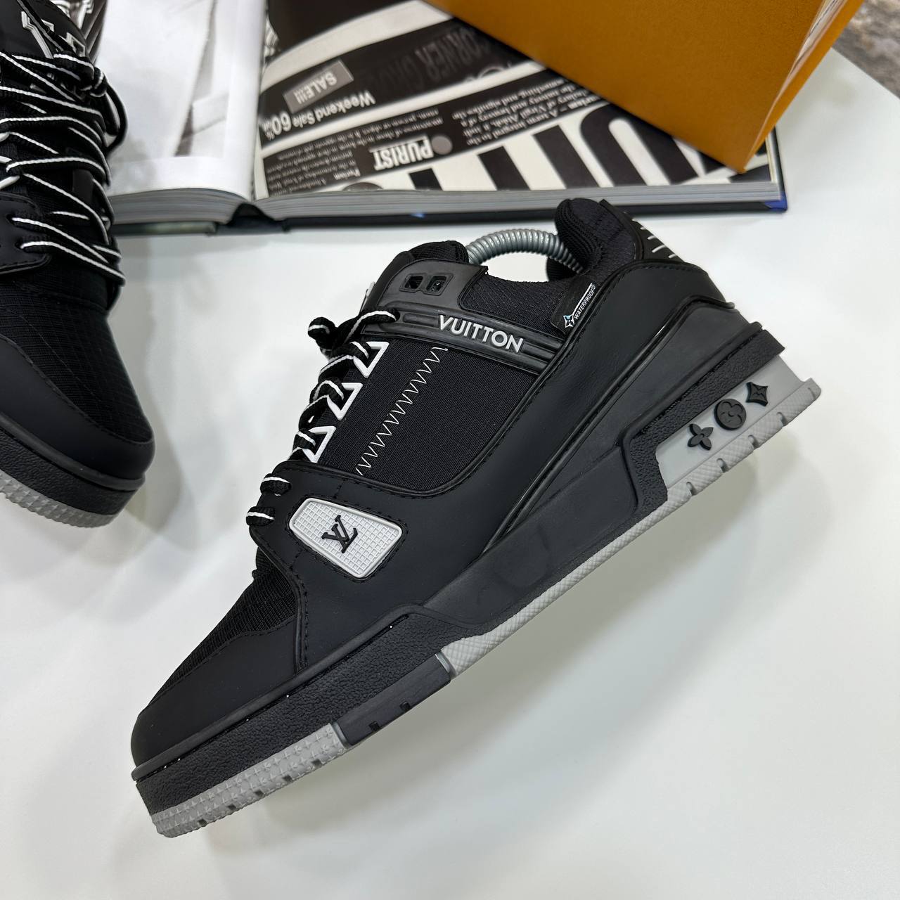 Louis Vuitton LV Men's Trainers 1AJATP Monogram Embossed in Black/Grey Reps Sale UK Best Quality AAA Replica