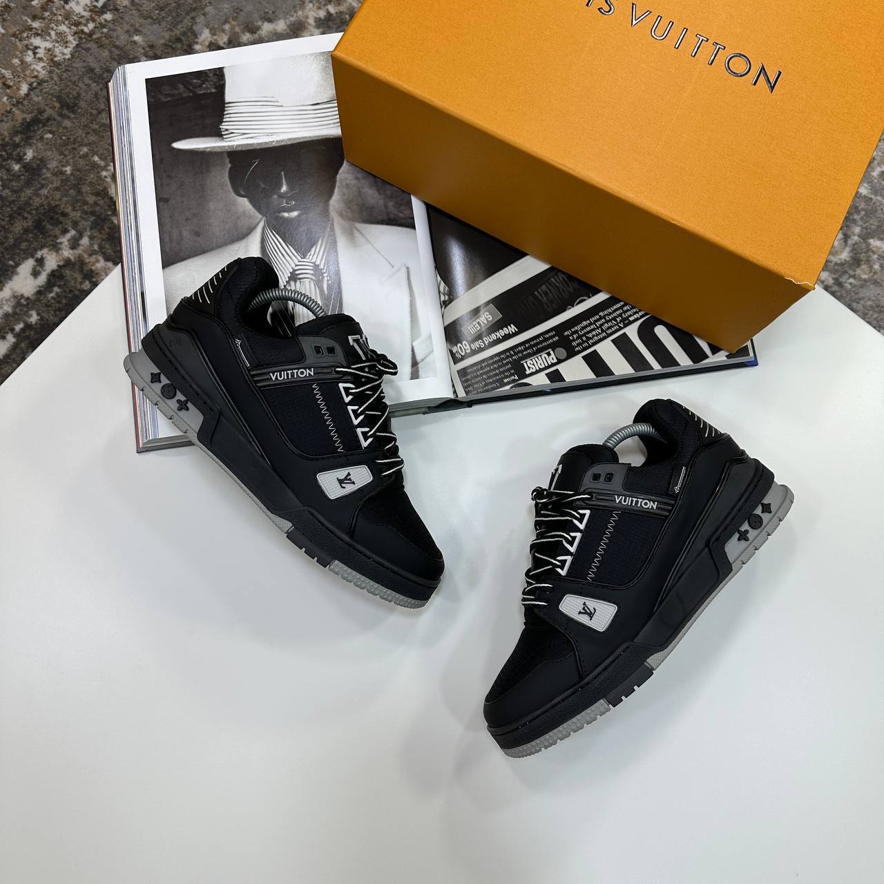 Louis Vuitton LV Men's Trainers 1AJATP Monogram Embossed in Black/Grey Reps Sale UK Best Quality AAA Replica