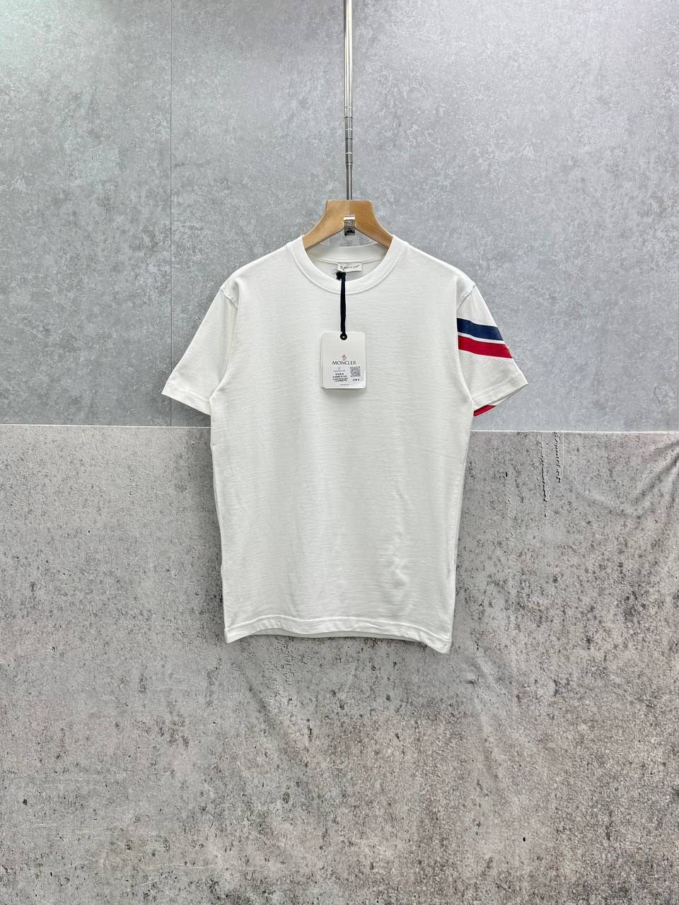 Moncler Tricol Arm Stripe in White Color T-Shirt Men's Women's Reps UK Best Quality Replica