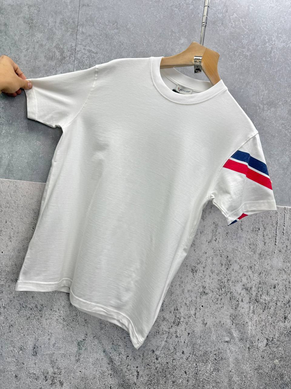 Moncler Tricol Arm Stripe in White Color T-Shirt Men's Women's Reps UK Best Quality Replica