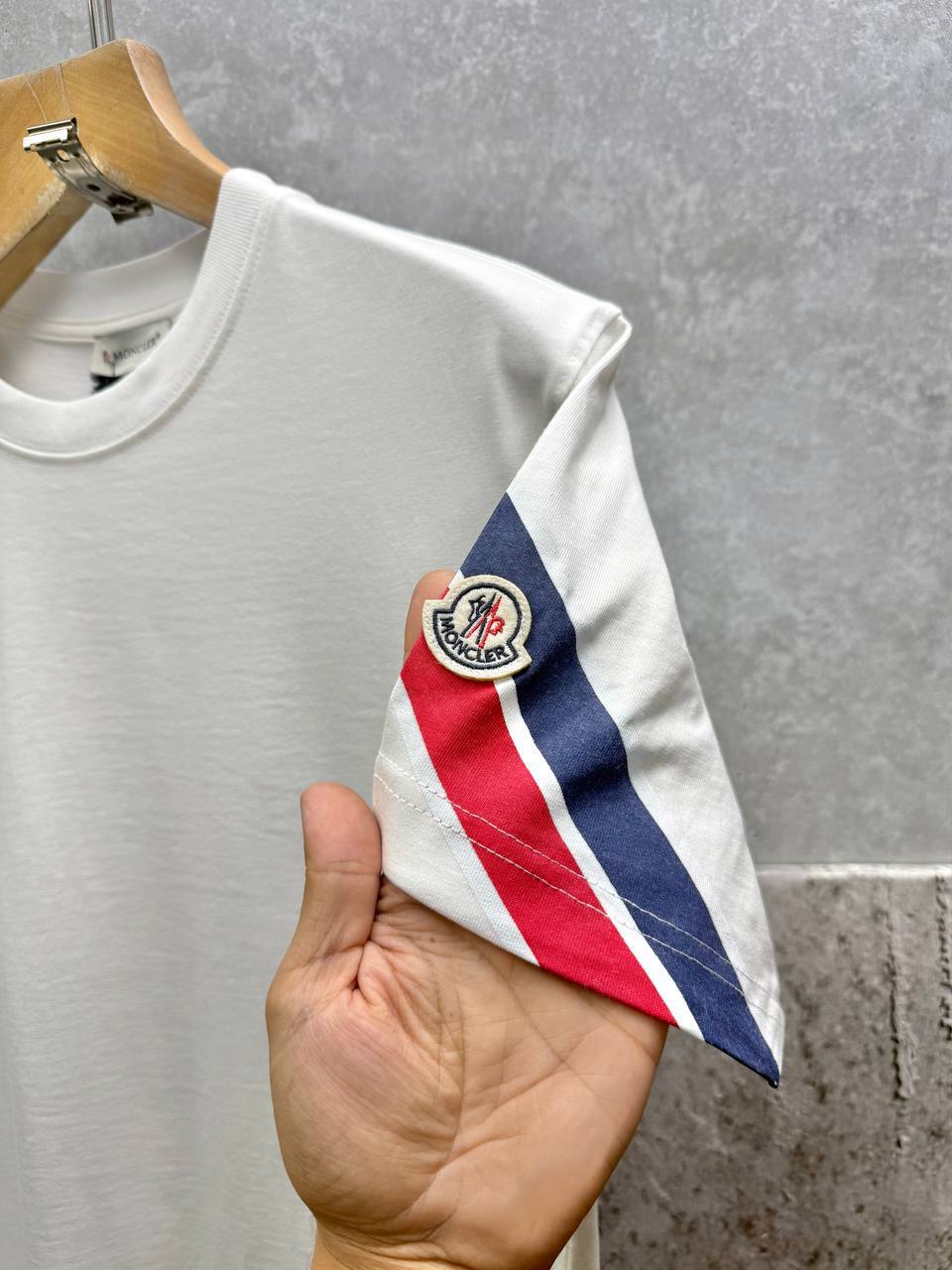 Moncler Tricol Arm Stripe in White Color T-Shirt Men's Women's Reps UK Best Quality Replica