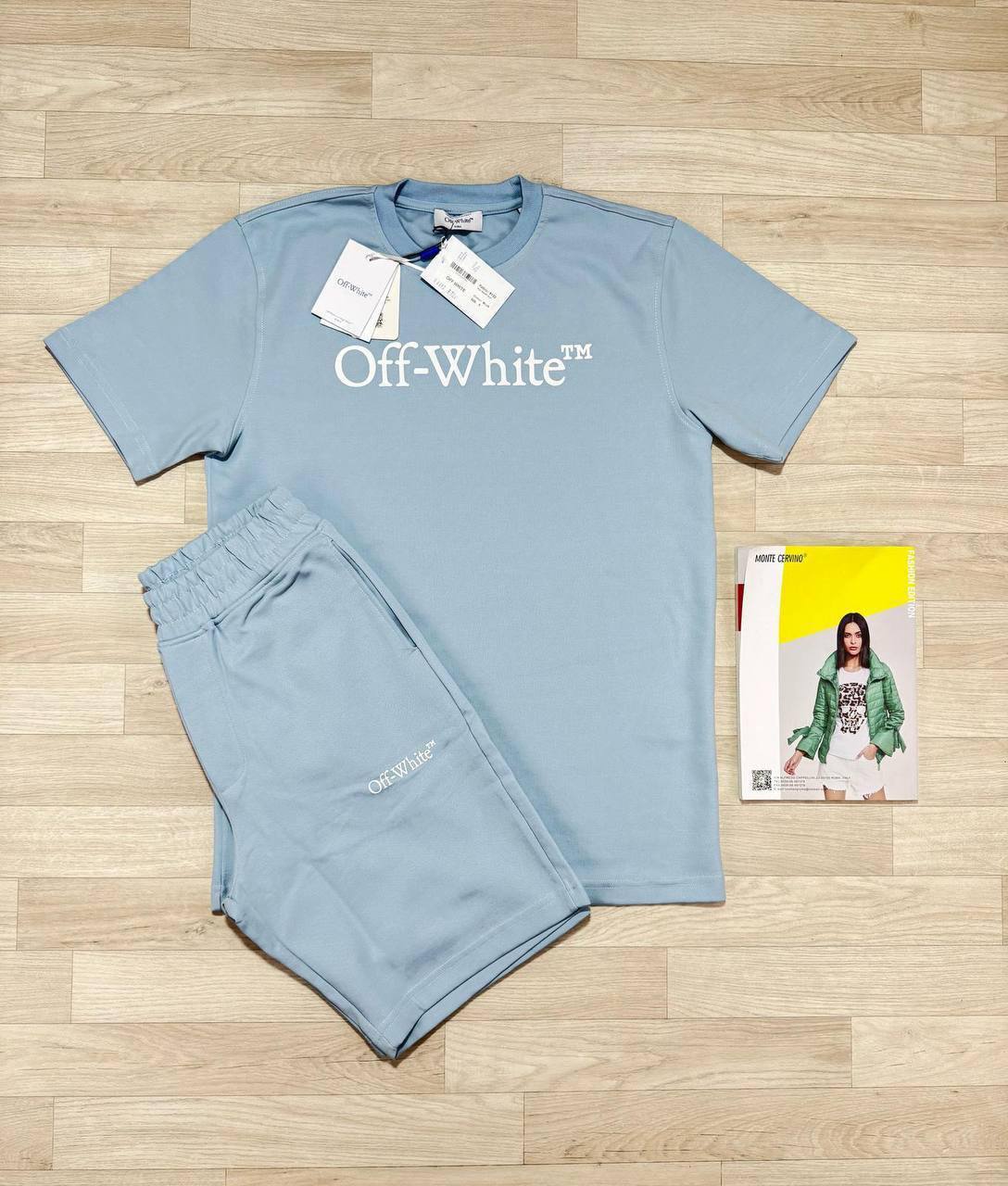 Off-White Big Bookish Logo Short Sleeve Men's T-Shirts & Shorts Set in Light Blue Color Reps Sale UK Best Quality Sale AAA Replica