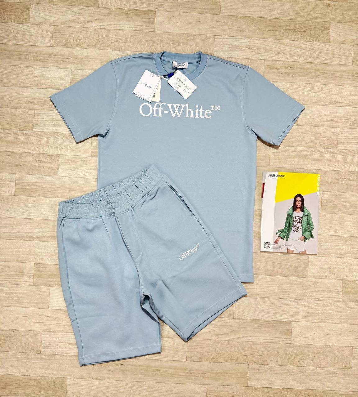 Off-White Big Bookish Logo Short Sleeve Men's T-Shirts & Shorts Set in Light Blue Color Reps Sale UK Best Quality Sale AAA Replica