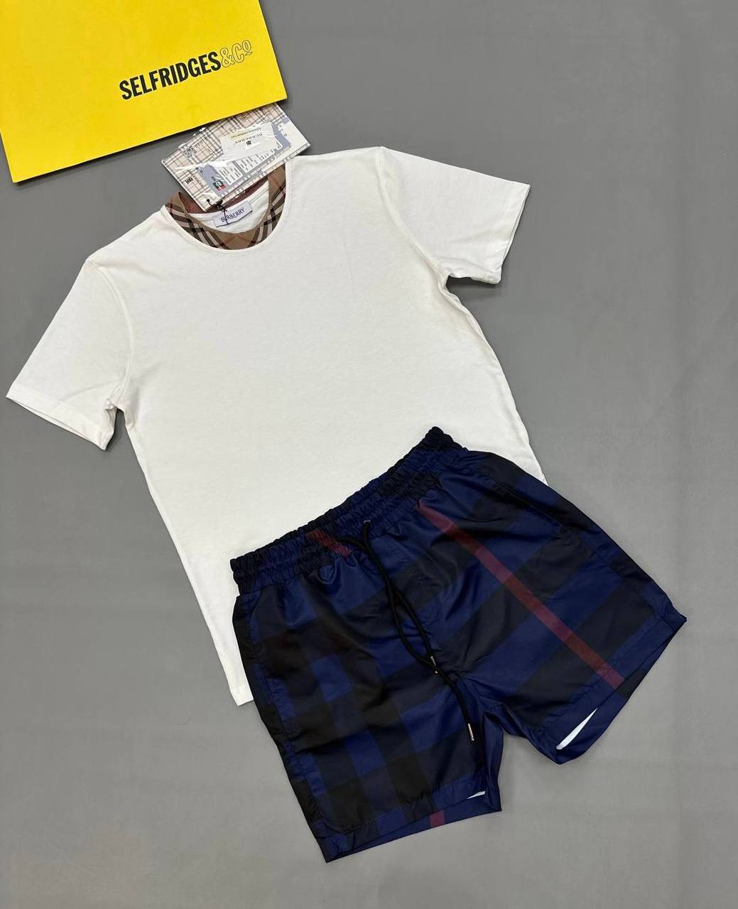Burberry Check Trim Collar Men's T-Shirts & Shorts Set White/Blue Reps Sale UK Best Quality Sale AAA Replica