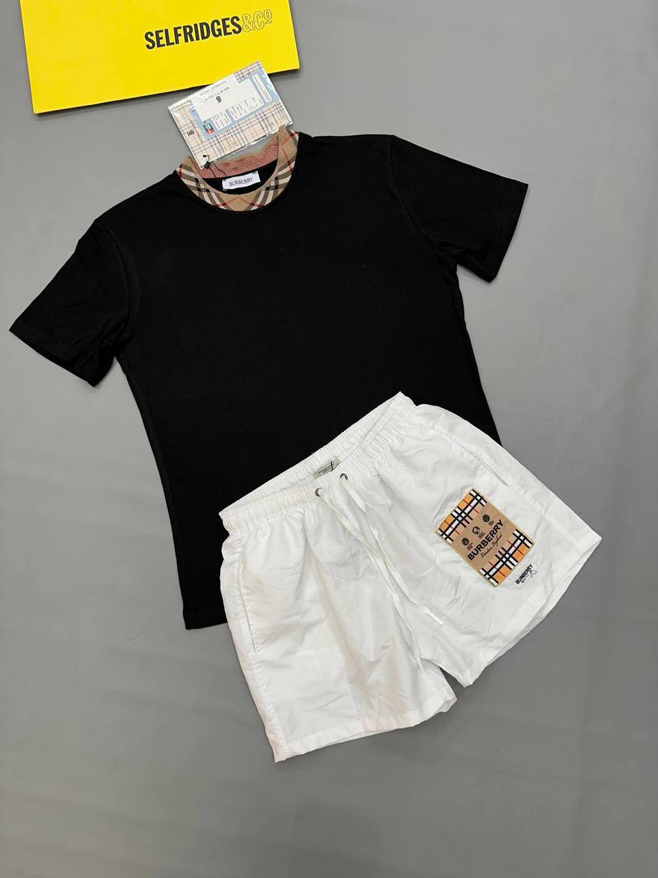 Burberry Check Trim Collar Men's T-Shirts & Shorts Set Black/White Reps Sale UK Best Quality Sale AAA Replica
