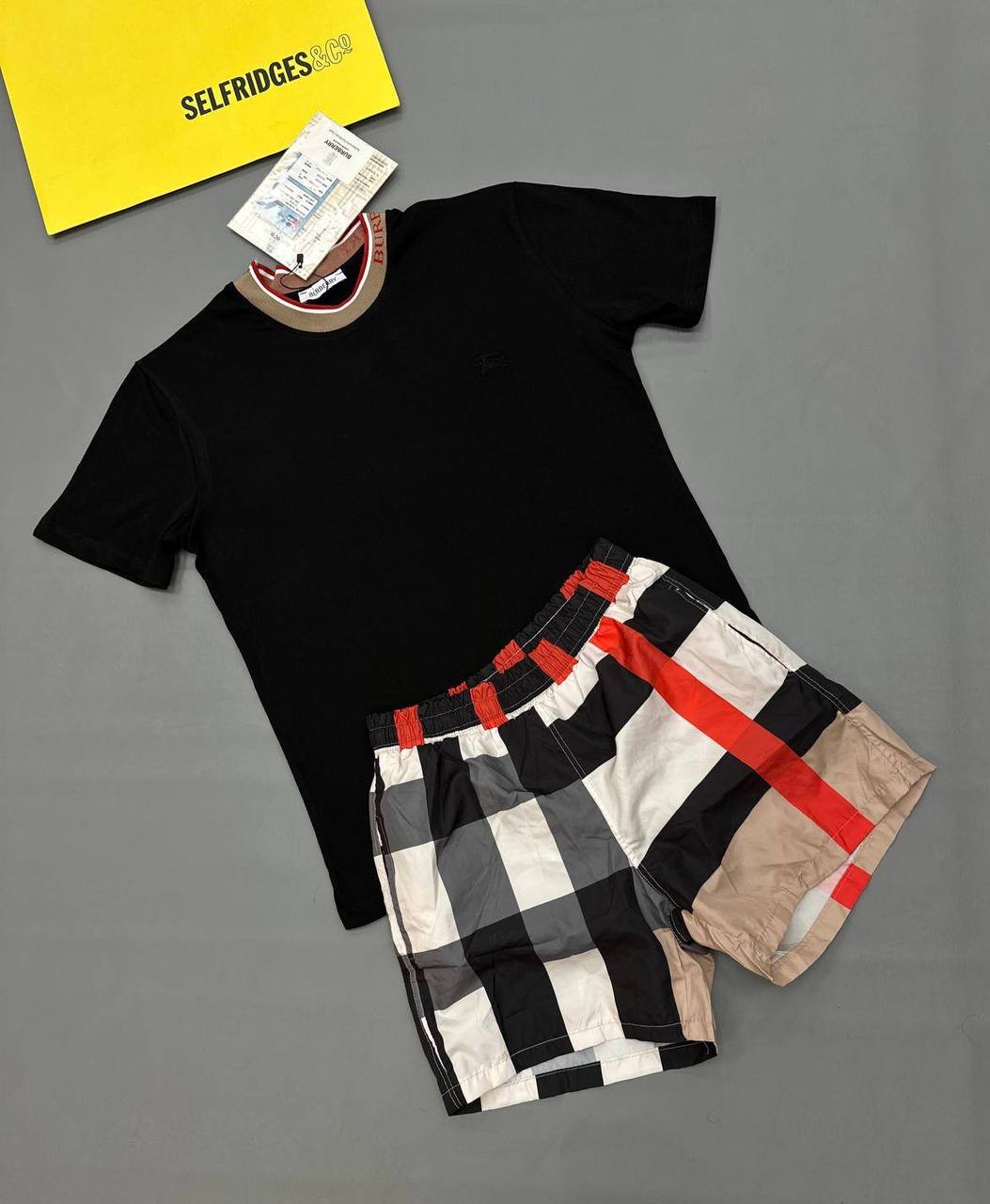 Burberry Check Trim Collar Men's T-Shirts & Shorts Set Black/Beige Reps Sale UK Best Quality Sale AAA Replica