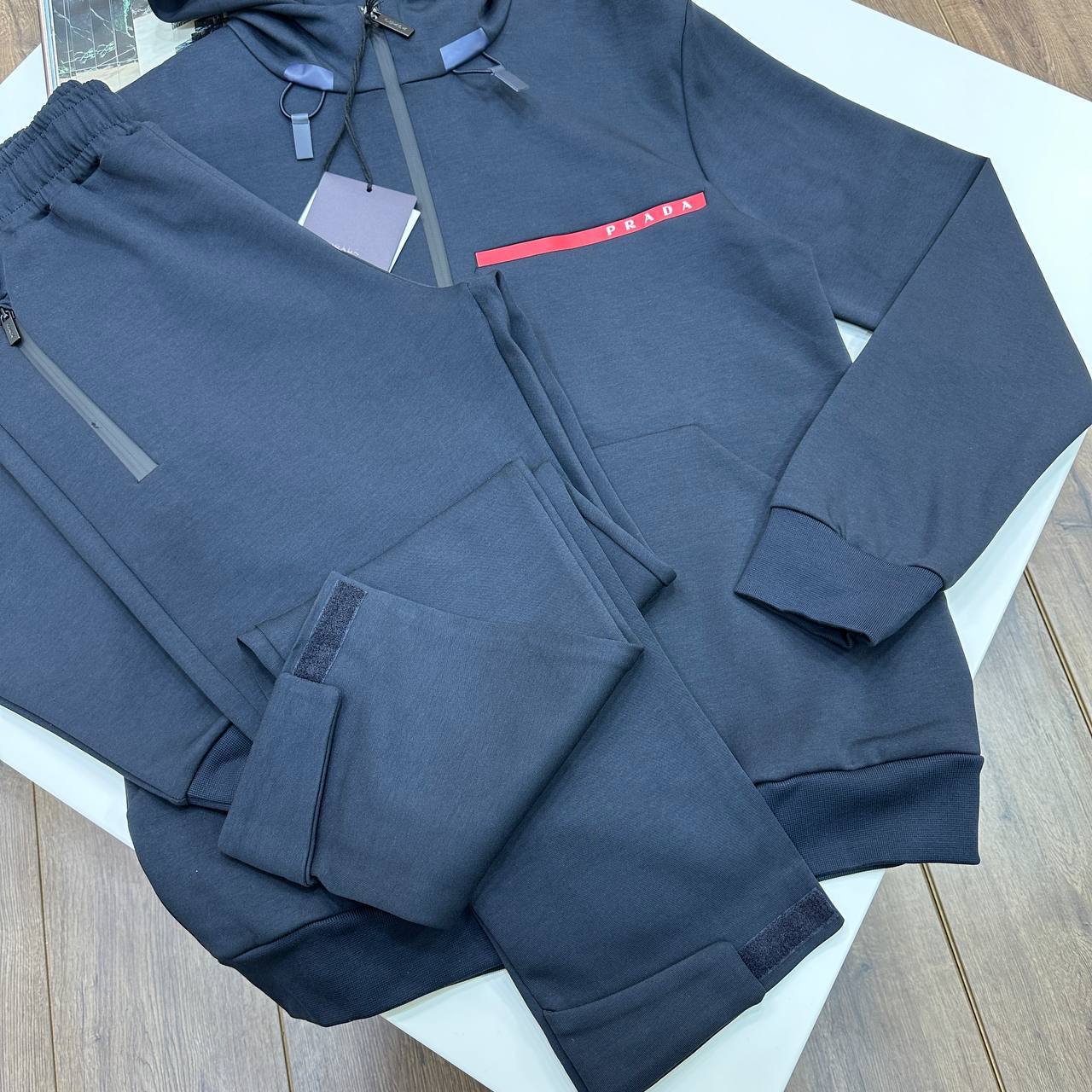 Prada Full-Zip Red Stripe Logo Accent Hooded Tracksuits in 2 Colors Reps Sale UK Best Quality AAA Replica