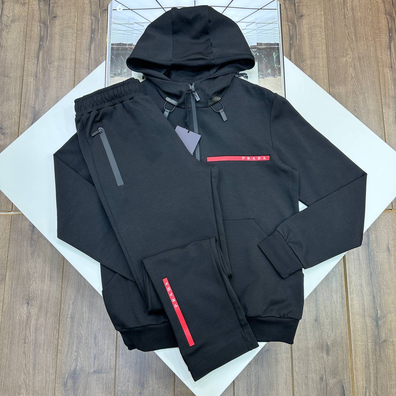 Prada Full-Zip Red Stripe Logo Accent Hooded Tracksuits in 2 Colors Reps Sale UK Best Quality AAA Replica