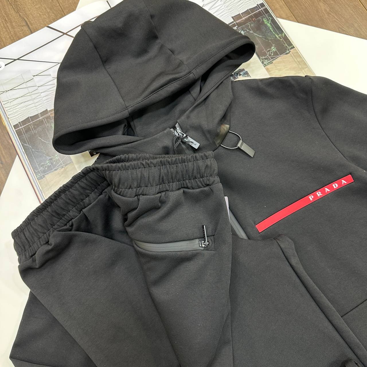 Prada Full-Zip Red Stripe Logo Accent Hooded Tracksuits in 2 Colors Reps Sale UK Best Quality AAA Replica