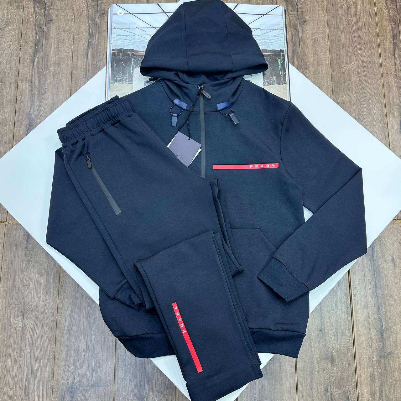 Prada Full-Zip Red Stripe Logo Accent Hooded Tracksuits in 2 Colors Reps Sale UK Best Quality AAA Replica