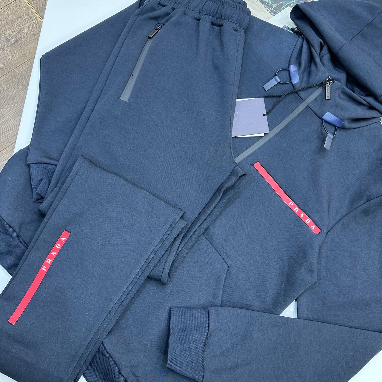 Prada Full-Zip Red Stripe Logo Accent Hooded Tracksuits in 2 Colors Reps Sale UK Best Quality AAA Replica