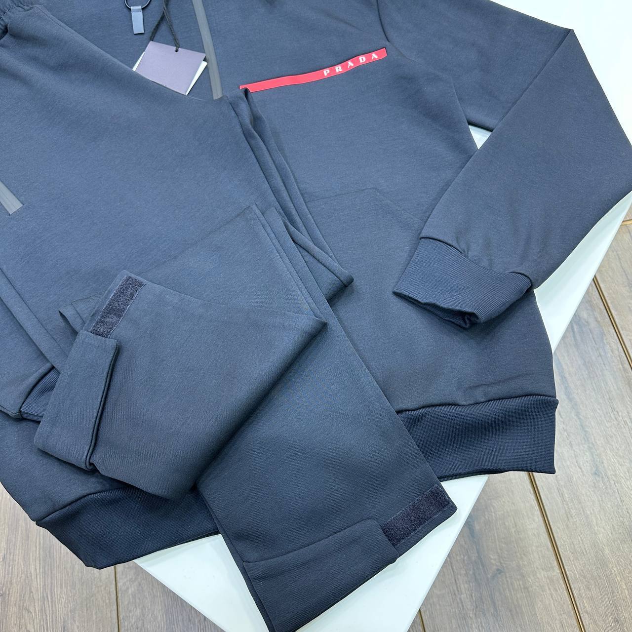Prada Full-Zip Red Stripe Logo Accent Hooded Tracksuits in 2 Colors Reps Sale UK Best Quality AAA Replica