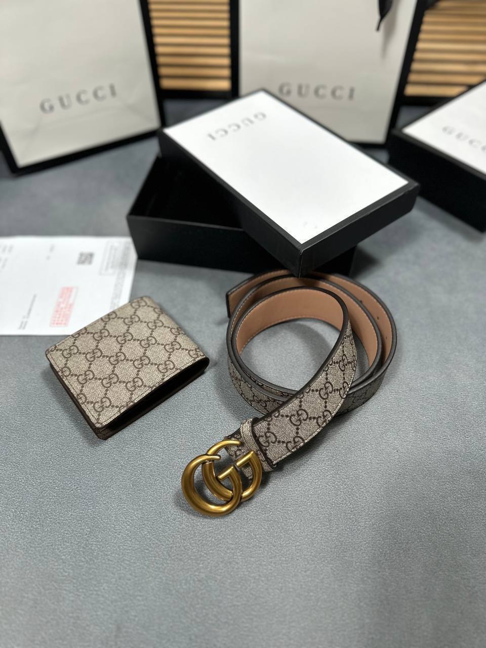 Gucci GG Marmont GG Supreme Canvas Beige Belt & Wallet Set Men's Reps Sale UK Best Quality AAA Replica