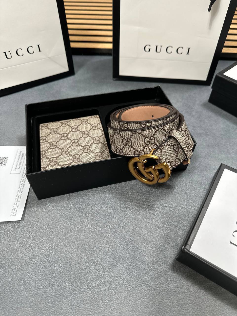 Gucci GG Marmont GG Supreme Canvas Beige Belt & Wallet Set Men's Reps Sale UK Best Quality AAA Replica
