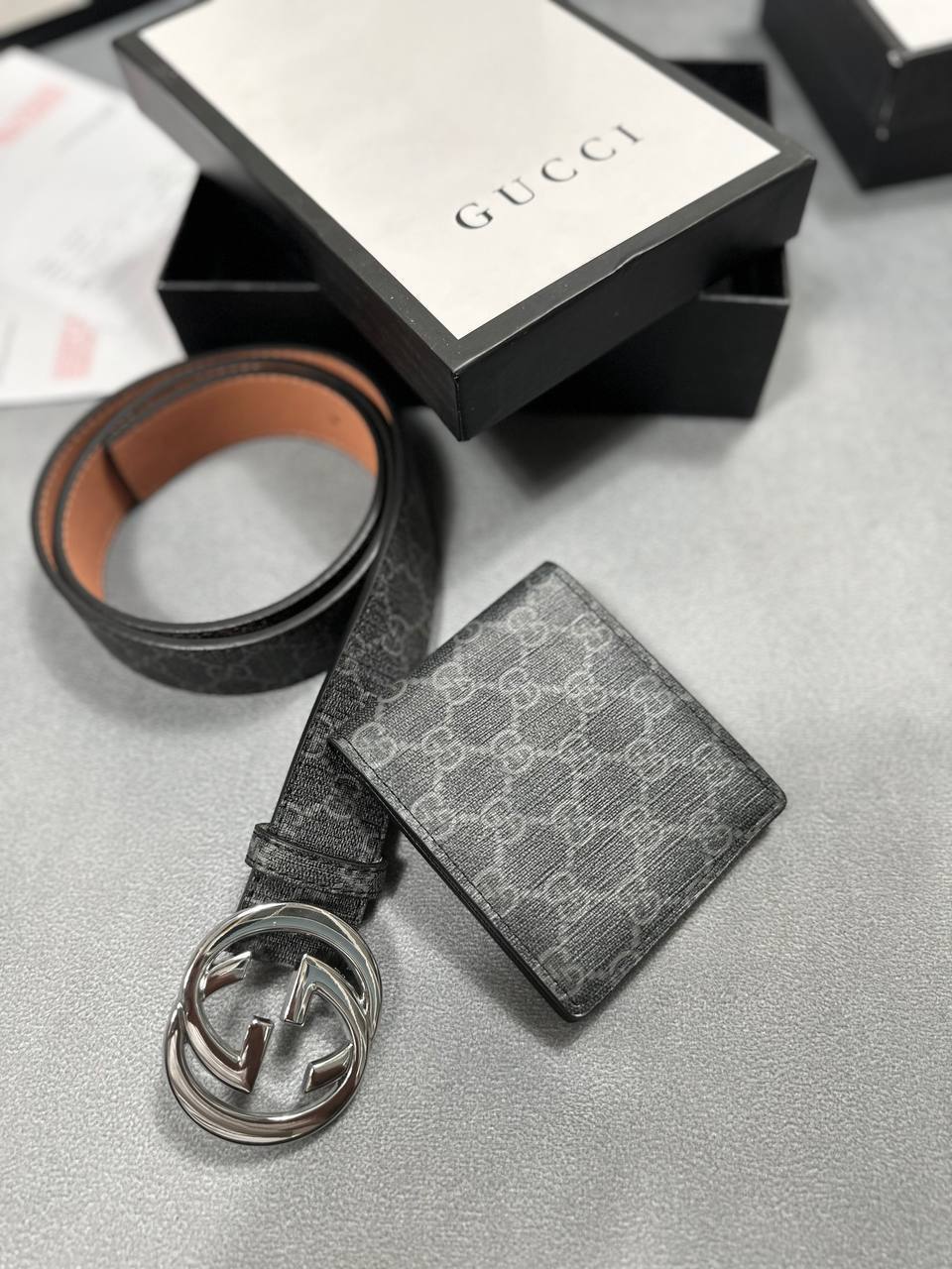 Gucci GG Marmont GG Supreme Canvas Black Belt & Wallet Set Men's Reps Sale UK Best Quality AAA Replica