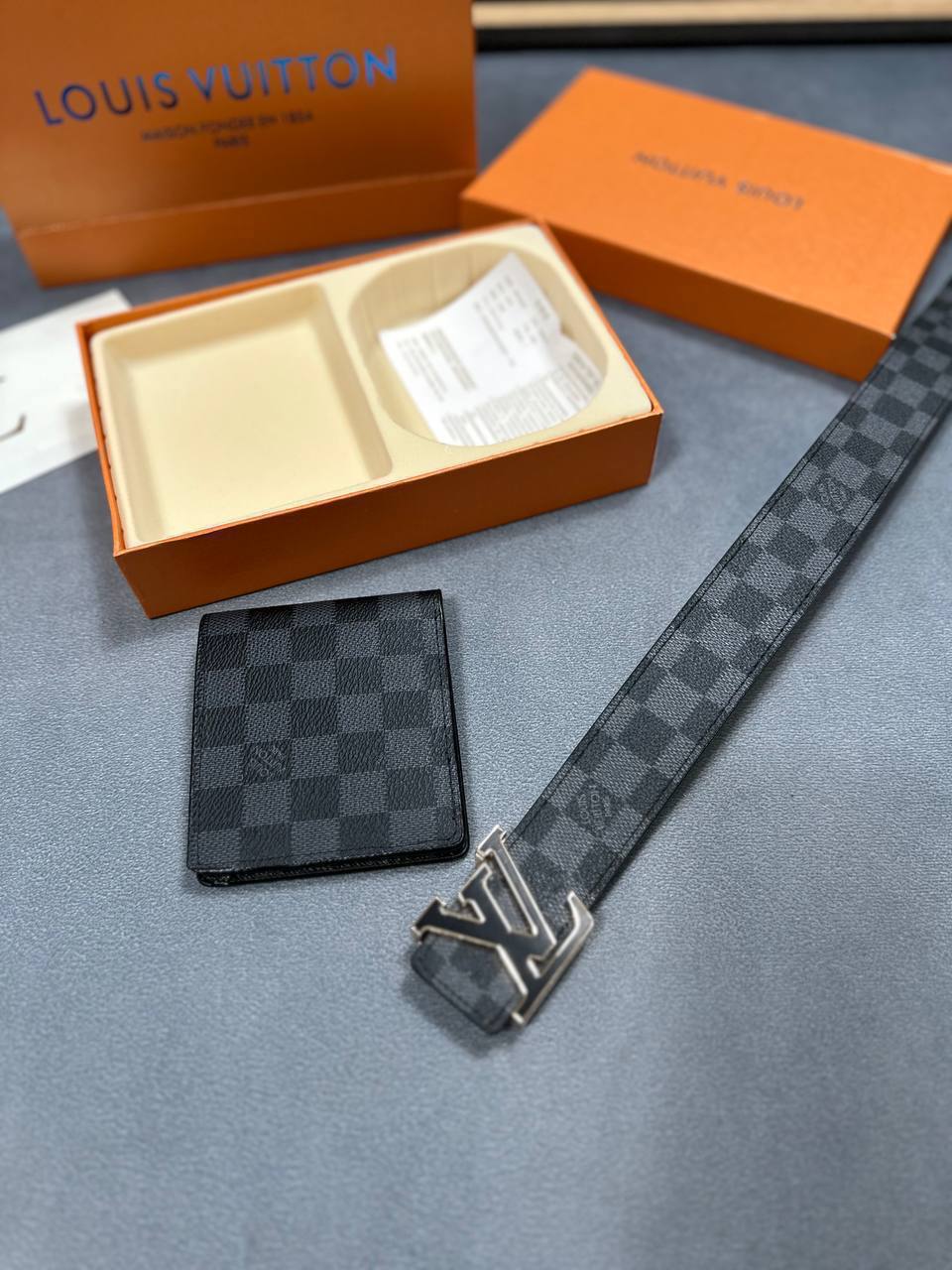 Louis Vuitton Damier Graphite Canvas Silver/Black Buckle Belt & Wallet Set Men's Reps Sale UK Best Quality AAA Replica