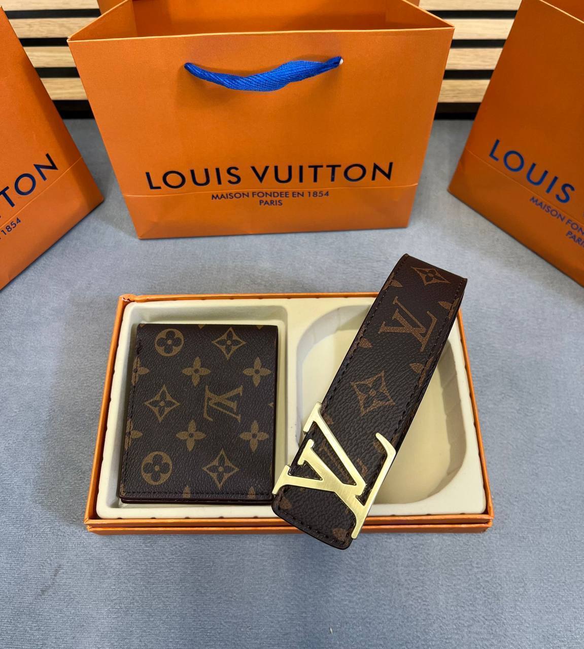 Louis Vuitton Damier Graphite Canvas Golden Buckle Brown Belt & Wallet Set Men's Reps Sale UK Best Quality AAA Replica