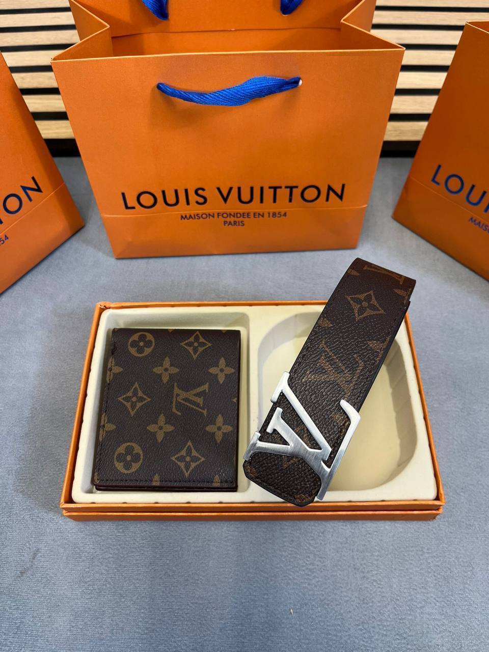 Louis Vuitton Damier Graphite Canvas Silver Buckle Brown Belt & Wallet Set Men's Reps Sale UK Best Quality AAA Replica