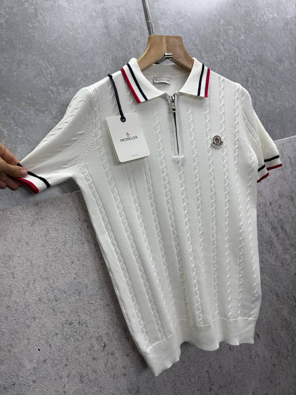 Moncler Tricolour-Trimmed Logo Patch Knitted Polo Shirts Men's in 2 Colors Reps UK Best Sale Quality AAA Replica