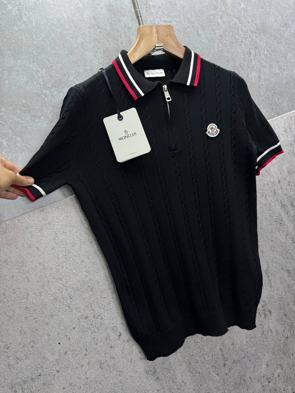 Moncler Tricolour-Trimmed Logo Patch Knitted Polo Shirts Men's in 2 Colors Reps UK Best Sale Quality AAA Replica