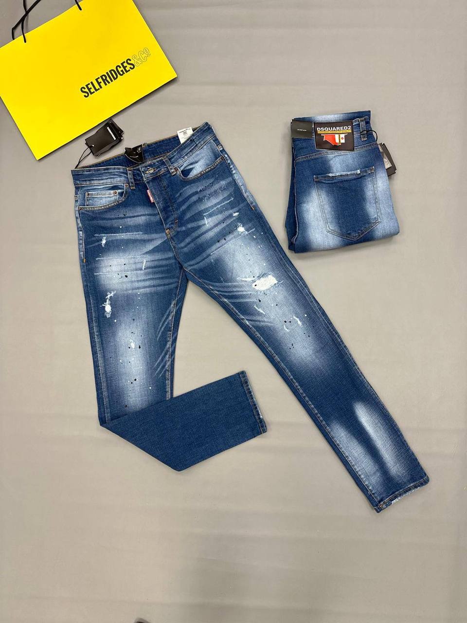 Dsquared2 Blue Distressed Paint Splatter Slim Fit Jeans in Multiple Waist Sizes Reps Sale UK Best Quality AAA Replica