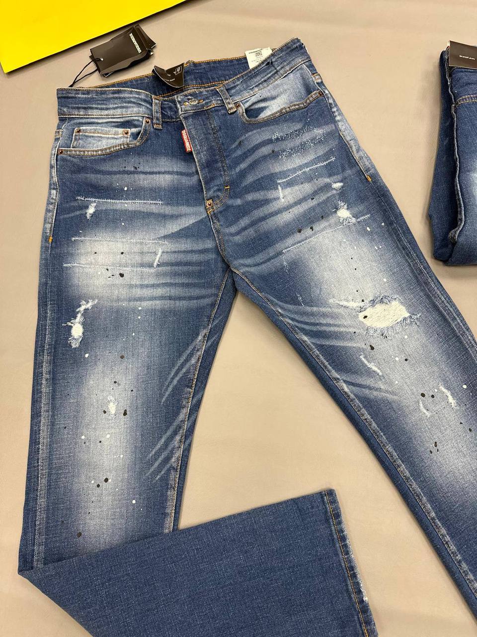 Dsquared2 Blue Distressed Paint Splatter Slim Fit Jeans in Multiple Waist Sizes Reps Sale UK Best Quality AAA Replica