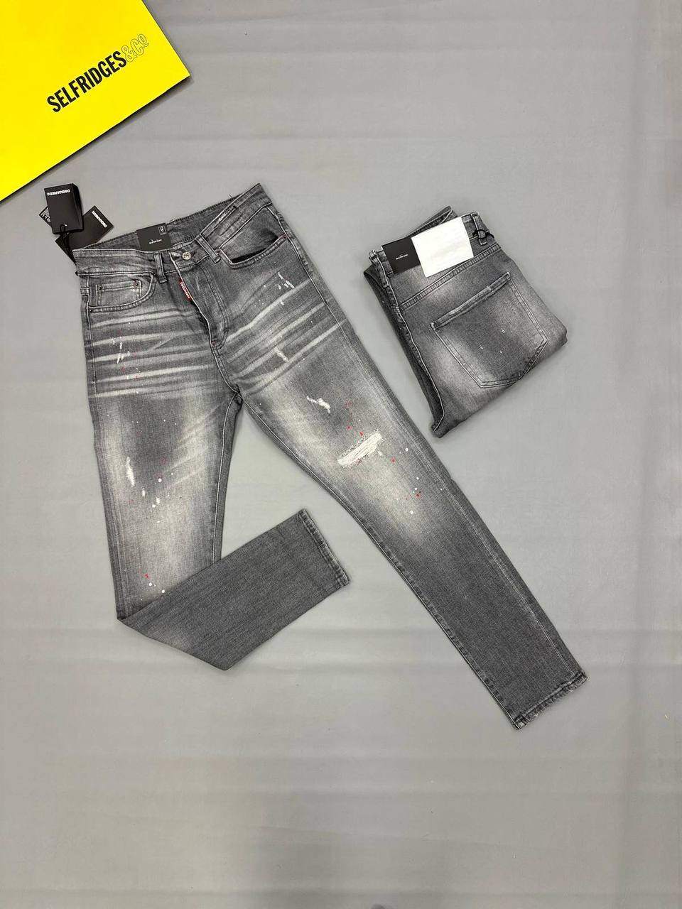 Dsquared2 Grey Wash Paint Splatter Slim Fit Jeans in Multiple Waist Sizes Reps Sale UK Best Quality AAA Replica