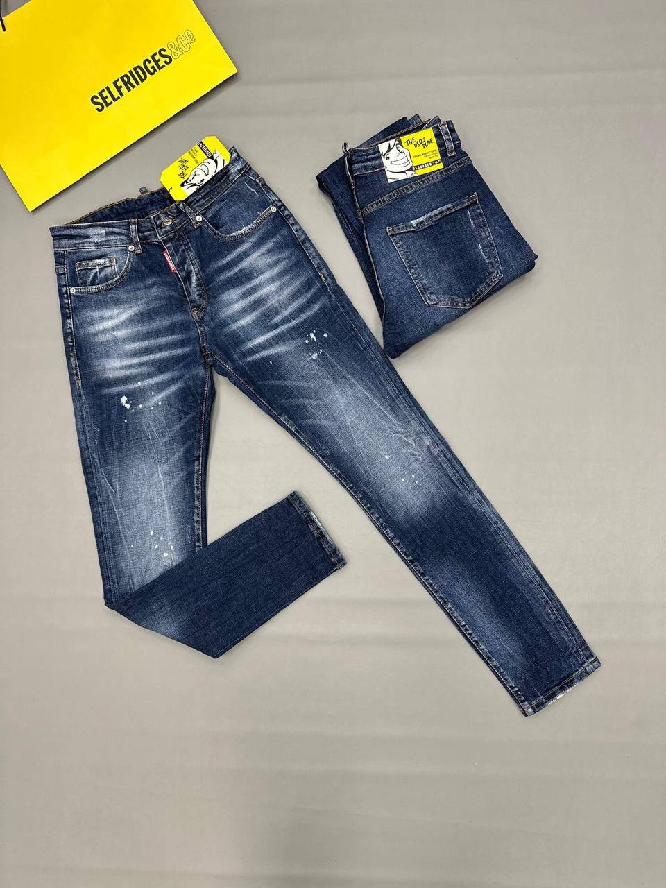 Dsquared2 Blue Wash Whiskered Cartoon Patch Slim Fit Jeans in Multiple Waist Sizes Reps Sale UK Best Quality AAA Replica