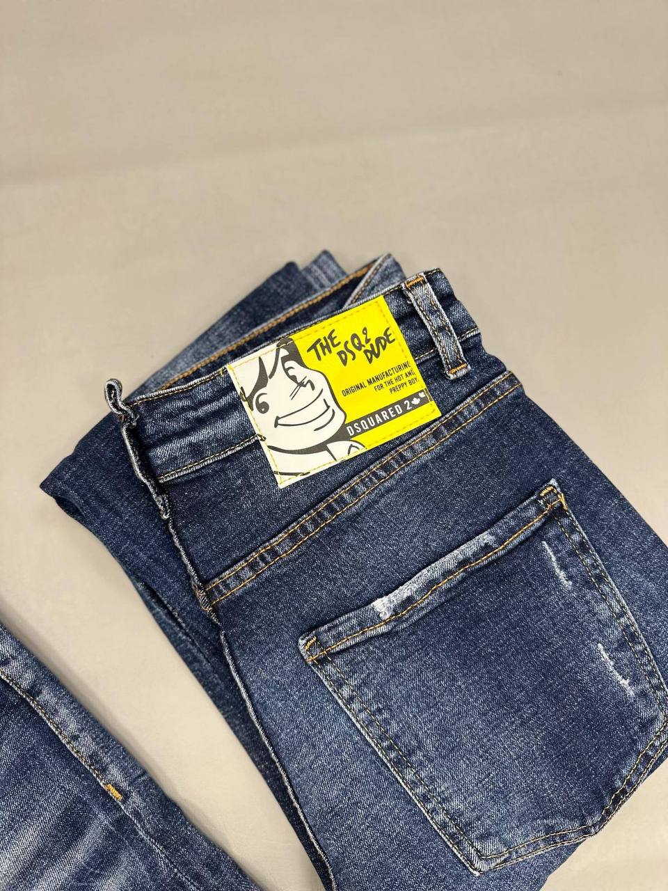 Dsquared2 Blue Wash Whiskered Cartoon Patch Slim Fit Jeans in Multiple Waist Sizes Reps Sale UK Best Quality AAA Replica