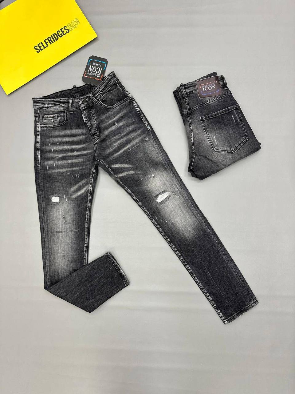 Dsquared2 Black Distressed Whiskered Icon Patch Jeans in Multiple Waist Sizes Reps Sale UK Best Quality AAA Replica
