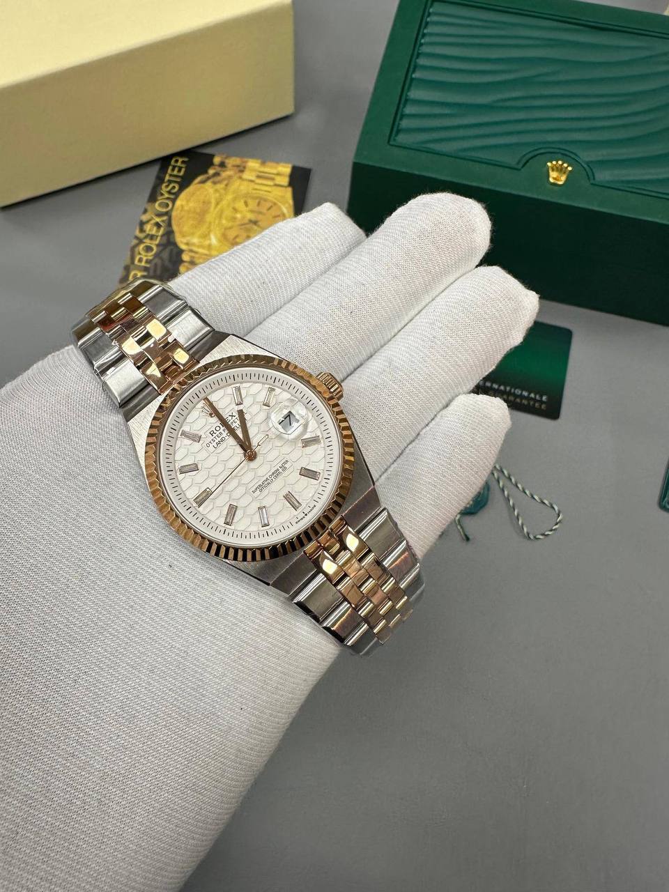 Rolex Land-Dweller Two-Tone Rose Gold White Textured Dial Watch Men's Reps Sale UK Best Quality AAA Replica