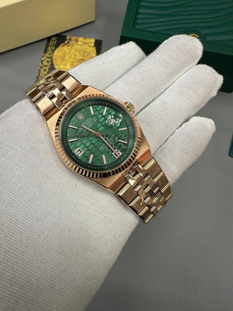 Rolex Land-Dweller Rose Gold Green Textured Dial Watch Men's Reps Sale UK Best Quality AAA Replica